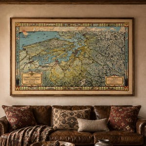 May include: A cozy living room with a large framed map above a brown leather sofa. The room features a stone fireplace, wooden beams, and a rustic coffee table. Decorative pillows and a throw blanket add warmth.