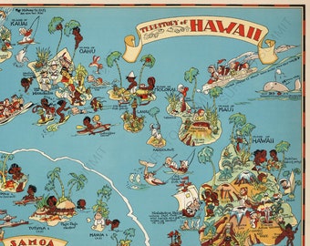 1930's Vintage Hawaii State Map Cartoon Map Print Gallery Wall Art