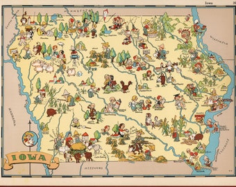 1930's Vintage IOWA State Map Cartoon Map Print Gallery Wall Art Housewarming Gift for Birthday Wedding Anniversary Ruth Taylor Map
