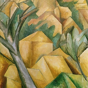 May include: Abstract painting of a landscape with a large tree in the foreground and a series of yellow and green geometric shapes in the background.