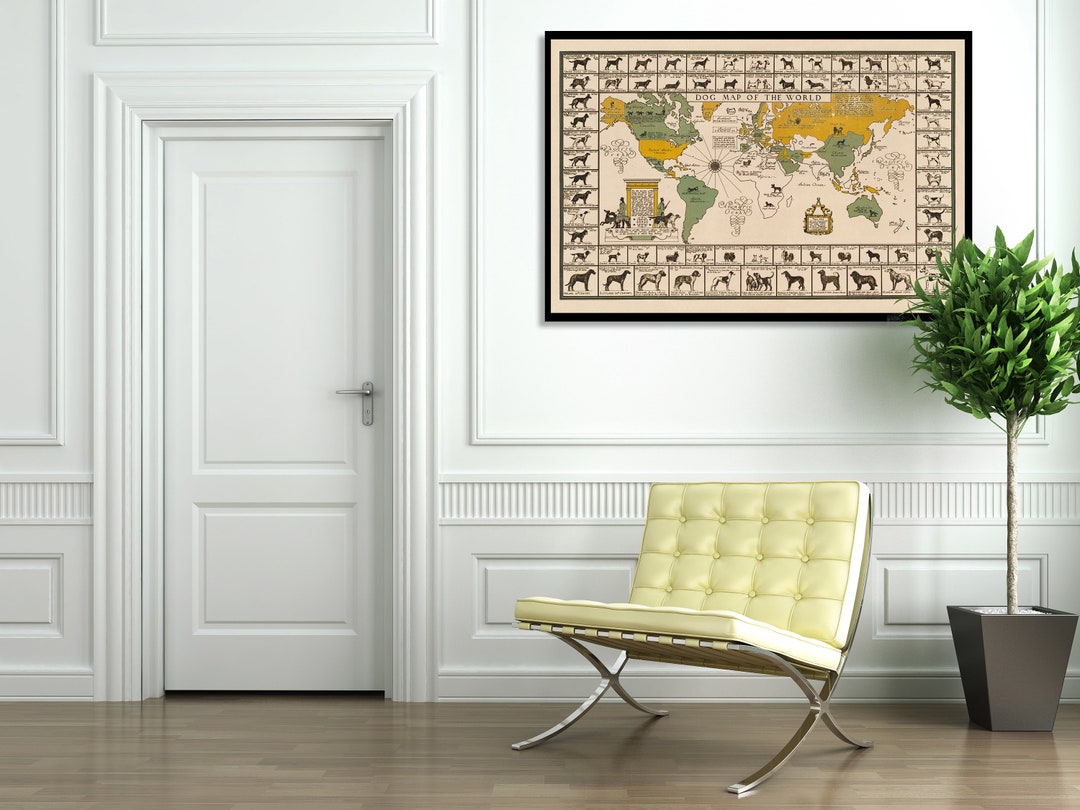 1935 Dog Map of the World, Dog Breeds Print, Dog Breeds Origin Map, Dog