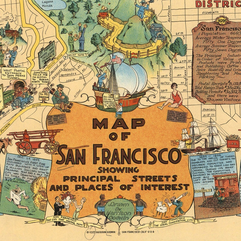 1928 Vintage San Francisco Map Places of Interest Cartoon Map Gallery Wall Art Housewarming Birthday Anniversary Harrison Goodwinz M1 image 3