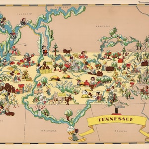 1930's Vintage TENNESSEE State Map Cartoon Print Gallery Wall Art Housewarming Gift for Birthday Wedding Anniversary Ruth Taylor Map