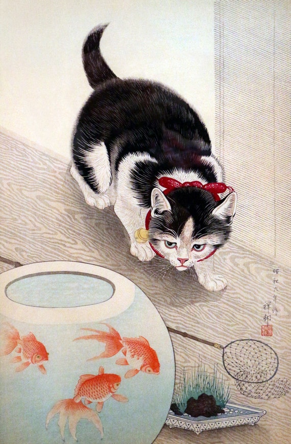 小原古邨作「猫と金魚鉢」クラシックファインキャンバス紙プリント