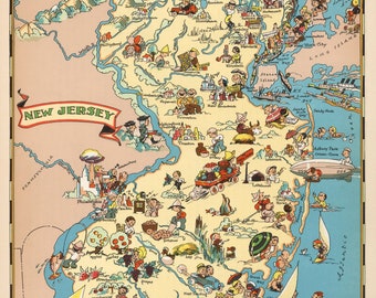 Mappa dello stato del NEW JERSEY vintage degli anni '30, mappa dei cartoni animati, galleria di stampe artistiche da parete, regalo di inaugurazione della casa per compleanno, anniversario di matrimonio, mappa di Ruth Taylor