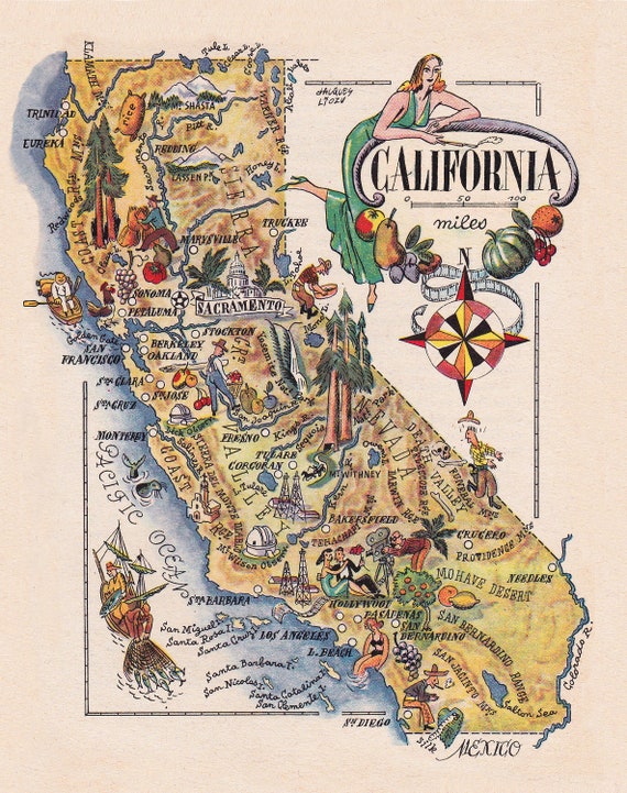 1946 Pictorial Map of California Jacques Liozu Vintage