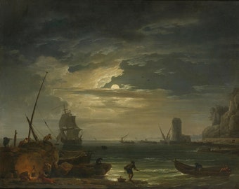A Mediterranean Inlet By Moonlight by Claude Joseph Vernet Print Reproduction, Wall Art Famous Painting Painting Poster Canvas Paper Print