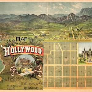 1887 ハリウッド地図 地図アート ロサンゼルス カリフォルニア 昔のハリウッド ロサンゼルス地図アート 新築祝いのギフト LA地図 古いロサンゼルス地図