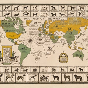1935 Dog Map of the World, Dog Breeds Print, Dog Breeds Origin Map, Dog