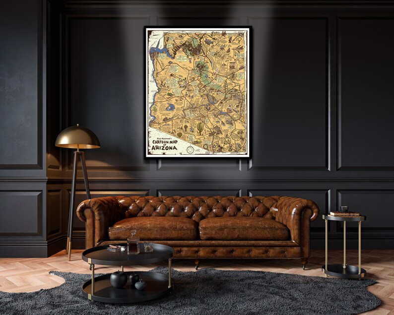 Cartoon Map of ARIZONA Reg Manning 1930's Map Animated Gallery Wall Library Office Decor Teacher Gift for Birthday Wedding Anniversary image 3
