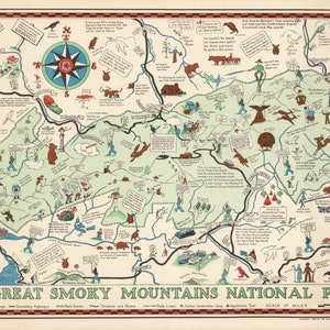 The Great Smoky Mountains NATIONAL PARK 1939, Vintage Mountain Map Restoration Decorator Antique Wall Art Map USA Vintage Wall Map Art