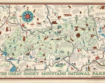 The Great Smoky Mountains NATIONAL PARK 1939, Vintage Mountain Map Restoration Decorator Antique Wall Art Map USA Vintage Wall Map Art
