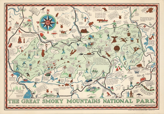 The Great Smoky Mountains NATIONAL PARK 1939, Vintage Mountain Map Restoration Decorator Antique Wall Art Map USA Vintage Wall Map Art