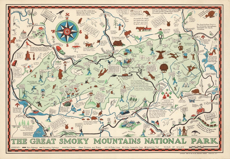 May include: A vintage illustrated map of the Great Smoky Mountains National Park. The map features a green and brown color scheme with hand-drawn illustrations of animals, people, and landmarks. The map includes a compass, a legend, and a scale of miles.