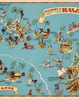 1930's Vintage Hawaii State Map Cartoon Map Print Gallery Wall Art