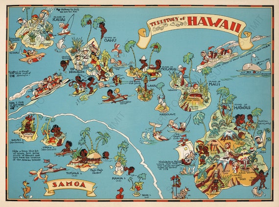 1930's Vintage Hawaii State Map Cartoon Map Print Gallery Wall Art