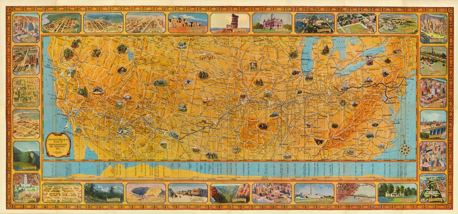 Typical Transcontinental Flight Routing Map Illustrated Map of the Route of Transcontinental Air Transport, Inc ...