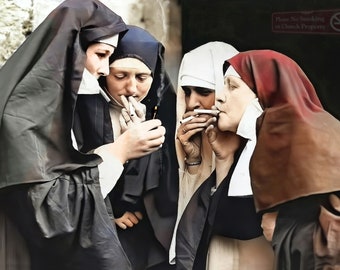 Smoking Nuns COLORIZED Photo Print Poster Vintage Women Cigarette Unique  Wall Decor Funny Humor Humour Habit Old Picture Strange Weird Art