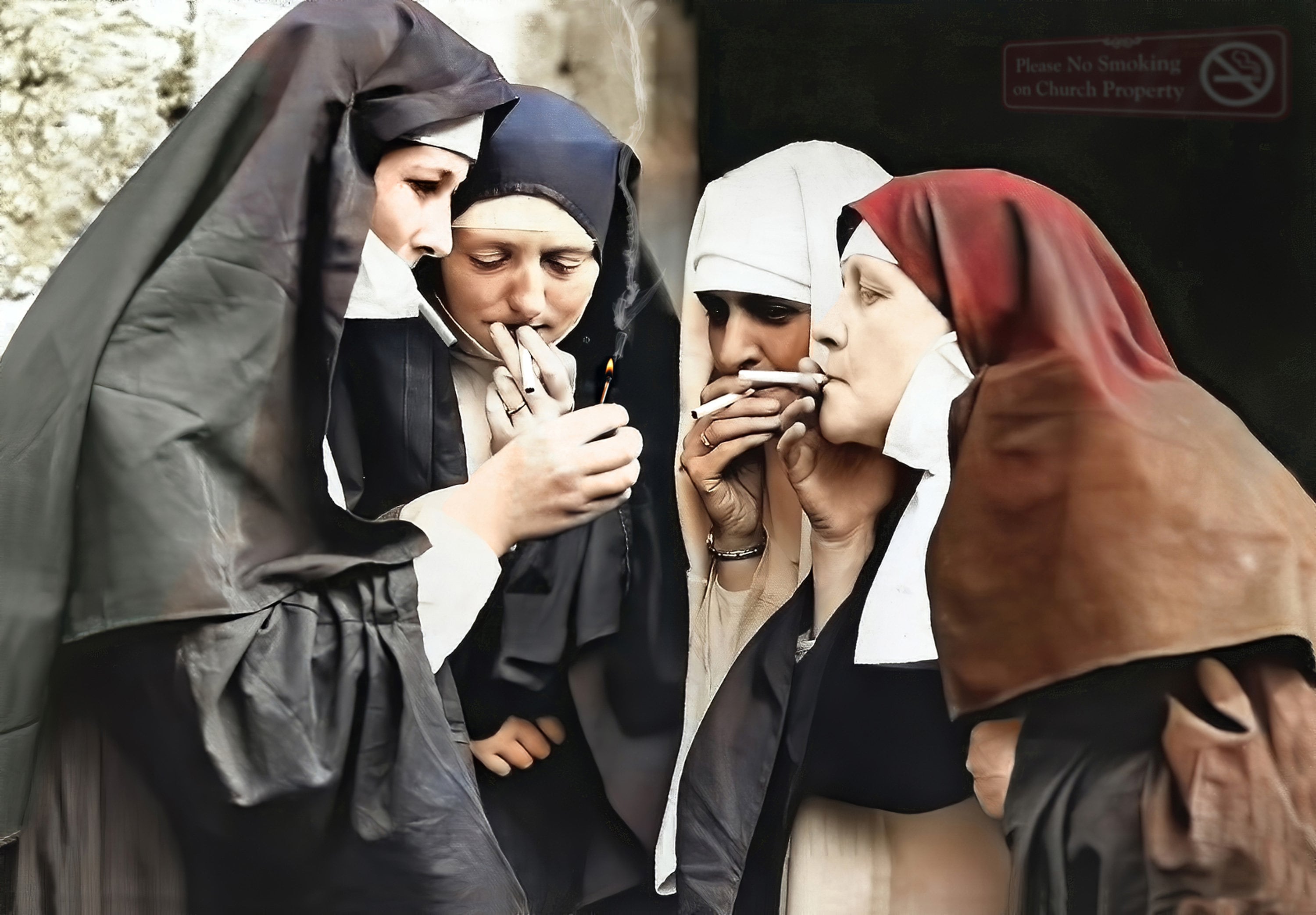 nuns smoking cigarettes poster Smoking Nuns COLORIZED Photo Print Poster Vintage Women Cigarette Unique  Wall Decor Funny Humor Humour Habit Old Picture Strange Weird Art