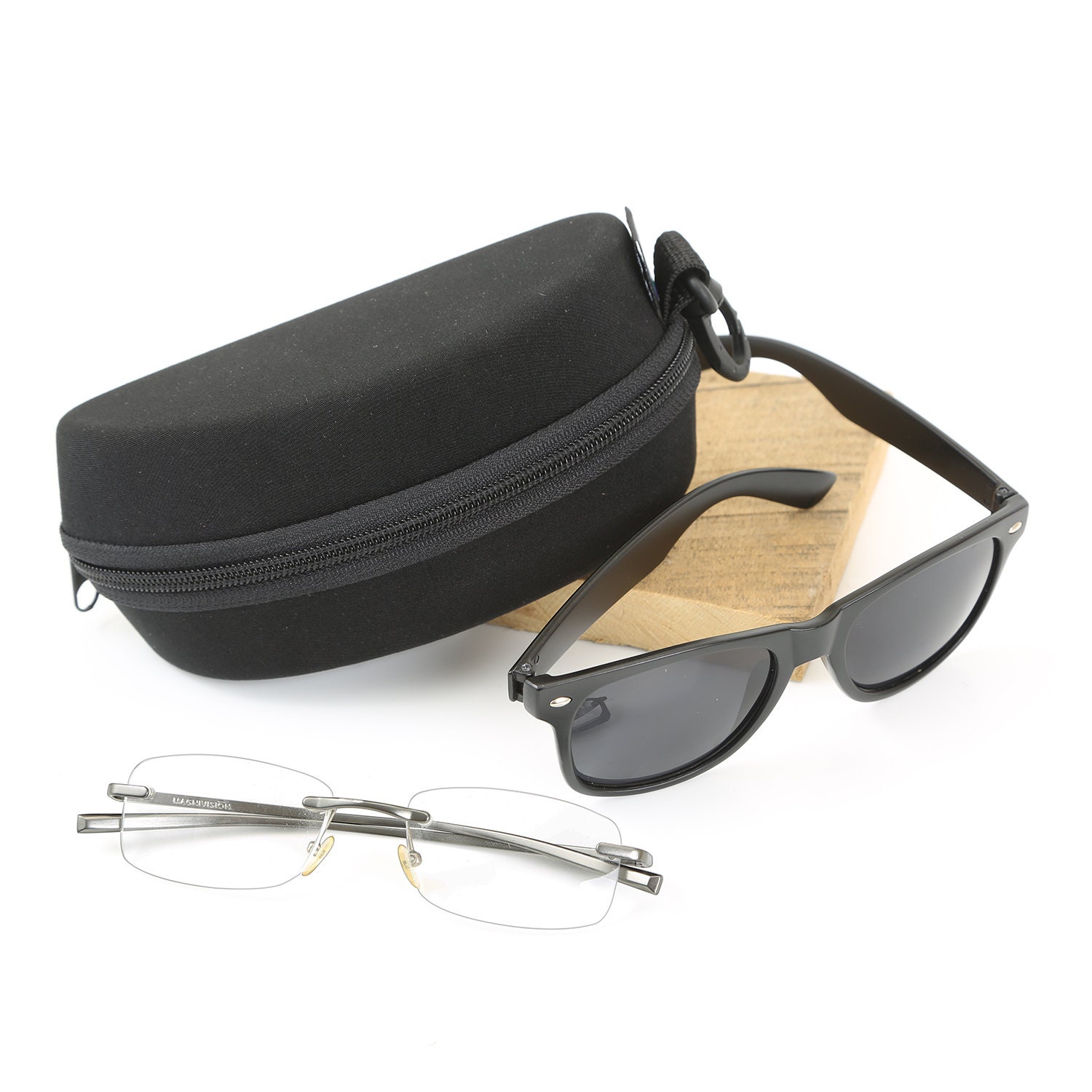 Dual Glasses Case for Two Frames - Classic Clamshell 2 Eyeglasses Case -  Built-in Mirror (Black)