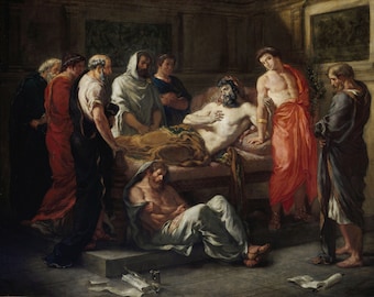 May include: A painting depicting a scene of a man lying on a bed surrounded by other men. The man on the bed appears to be ill or injured, while the other men look on with concern. The painting is set in a room with a dark, somber atmosphere.