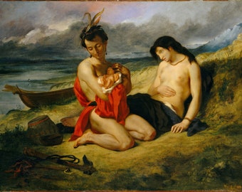 May include: A painting depicting a scene with three figures. A woman in a red dress holds a baby in her arms. Another woman sits beside her, looking down. The scene is set on a beach with a canoe in the background.