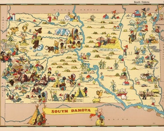 1930-te Vintage SOUTH DAKOTA State Map Cartoon Print Gallery Wall Art Prezent na parapetówkę na urodziny, rocznicę ślubu Ruth Taylor Map