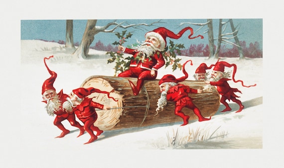 Vintage Santa's Elves Playing Christmas Poster Print From the