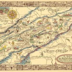 1950 die Appalachen-Region Karte Plakat-Druck, historische Weinlese Smoky Mountains, Blue Ridge Mountains antike Karte Weinlese-Wandkarte