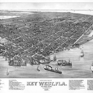 1884 vintage Birds Eye View of KEY WEST, Florida State Map, Key West Island, Civil War Print Wall Art Housewarming Gift Living Room Wall Art Art