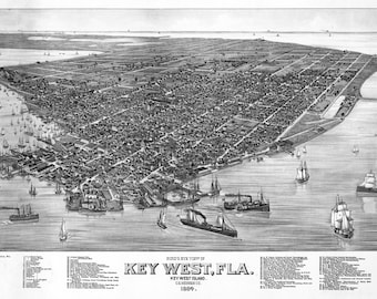 1884 Vintage Birds Eye View of KEY WEST, Florida State Map, Key West Island, Burgeroorlog Print Wall Art Housewarming Gift Woonkamer Wall Art