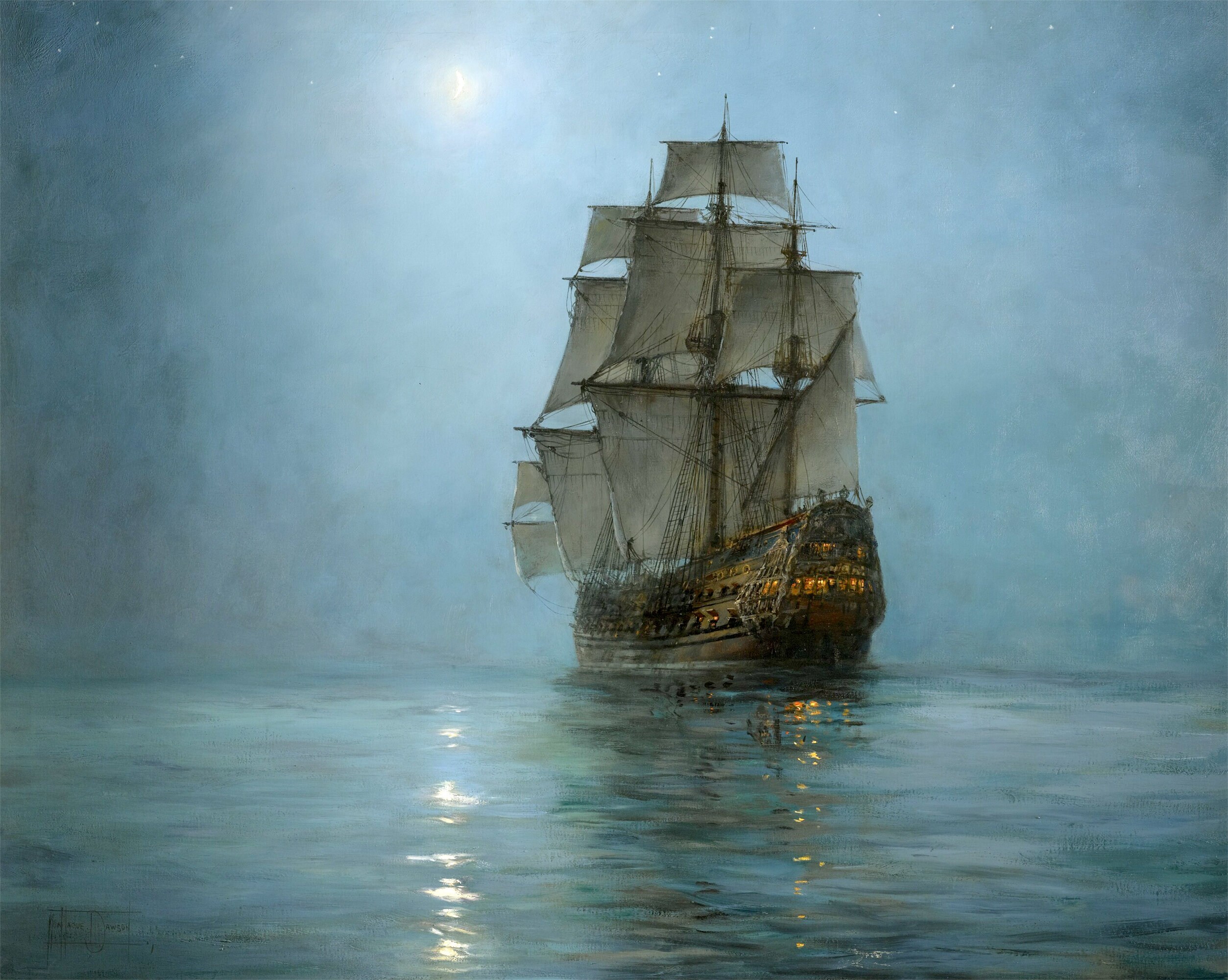 The Crescent Moon Painting by Montague Dawson Reprint Poster