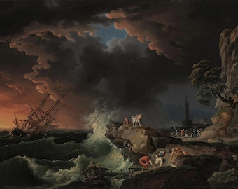 A Shipwreck with Figures Coming Ashore by Claude Joseph Vernet Print Reproduction, Wall Art Famous Painting Painting Canvas Paper Print