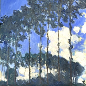 May include: A painting of a row of tall, slender trees against a bright blue sky with white clouds. The trees are painted in shades of blue and green, and the sky is a vibrant blue.
