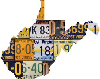 May include: A collage of vintage West Virginia license plates in the shape of the state. The plates feature the state's motto, "Wild, Wonderful", and the words "West Virginia" and "Mountain State".
