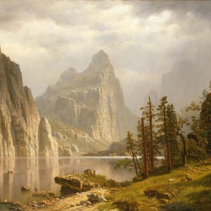 May include: A painting of a mountain lake scene with tall, rocky cliffs on either side of the lake. The water is calm and reflects the sky and mountains. There are trees on the right side of the lake and a few figures in boats on the water.