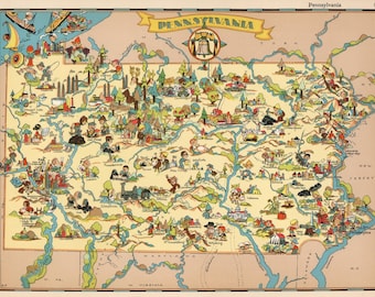 Mappa dello stato della PENNSYLVANIA vintage degli anni '30, stampa a fumetti, galleria, arte murale, regalo di inaugurazione della casa per compleanno, anniversario di matrimonio, mappa di Ruth Taylor