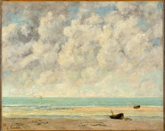 May include: A painting of a seascape with a cloudy sky and a sandy beach. The painting is done in a realistic style with muted colors. There are three small boats in the distance and two boats on the beach.