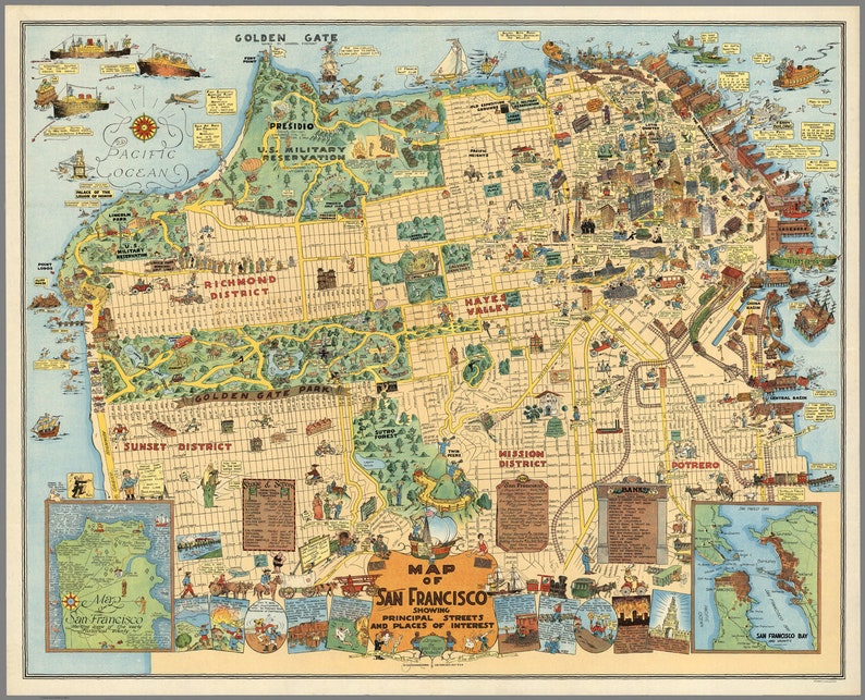 1928 Vintage San Francisco Map Places of Interest Cartoon Map Gallery Wall Art Housewarming Birthday Anniversary Harrison Goodwinz M1 image 1