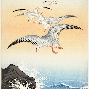 Cinco gaviotas sobre el mar turbulento de Ohara Koson Impresión clásica de papel de lienzo fino Decoración de arte de la pared Regalo para el hogar Pintura al óleo para el hogar Arte de reproducción