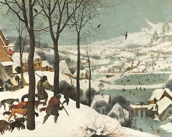 May include: A snowy winter landscape painting with a village in the distance, a frozen lake, and figures ice skating. In the foreground, three figures walk through the snow with dogs, and a house with smoke coming from the chimney.