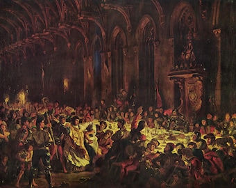 May include: A painting depicting a large gathering of people in a dimly lit hall. The scene appears to be a medieval feast, with people dressed in elaborate clothing and seated at long tables. There are candles and torches illuminating the room, casting shadows on the walls and ceiling. The painting is rich in detail and captures the atmosphere of a grand celebration.