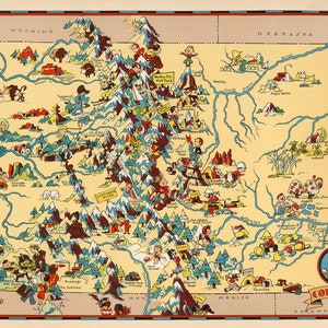 May include: A vintage illustrated map of Colorado with cartoon characters depicting various activities and landmarks. The map features the state's major cities, mountains, rivers, and national parks. The text "Colorado" is prominently displayed in a banner at the bottom right corner.