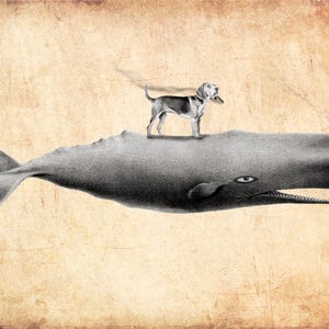 Beagle Riding Whale Vintage Collage Print Dog Art Gifts for Christmas Gifts for Dog Lovers Gifts for Boyfriends Whale Gifts for Dog Loss