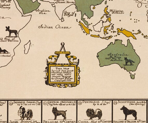 1935 年の世界犬の地図、犬の品種のプリント、犬の品種の起源の地図