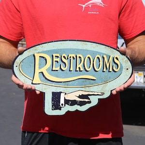 Handcrafted Vintage Restroom Pointing Hand Aluminum Sign Left or Right Novelty Rustic Metal Restaurant Sign Office Home Shop