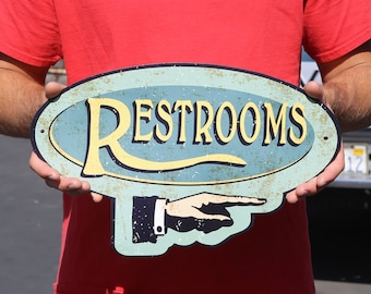 Handcrafted Vintage Restroom Pointing Hand Aluminum Sign Left or Right Novelty Rustic Metal Restaurant Sign Office Home Shop