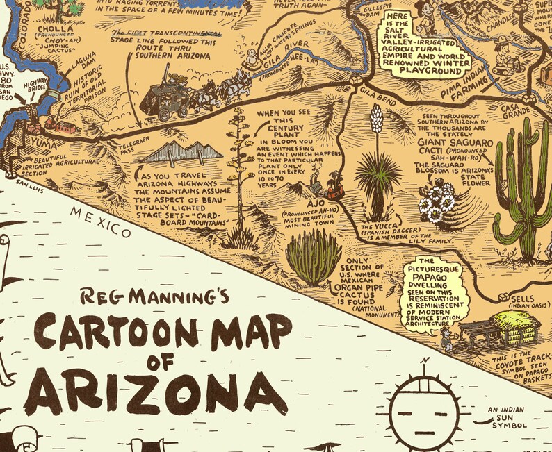 Cartoon Map of ARIZONA Reg Manning 1930's Map Animated Gallery Wall Library Office Decor Teacher Gift for Birthday Wedding Anniversary image 4