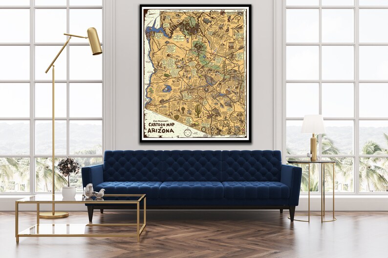 Cartoon Map of ARIZONA Reg Manning 1930's Map Animated Gallery Wall Library Office Decor Teacher Gift for Birthday Wedding Anniversary image 1