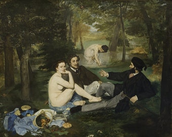 May include: An oil painting depicting a picnic scene in a forest. Three figures are seated on the grass, with a nude woman and two men. A woman in a white dress is in the background. A basket of fruit and a hat are in the foreground.